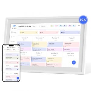 HoziRes Calendrier Numérique, Calendrier Électronique Mural Intelligent de 39,6 cm/15,6 Pouces, Écran Tactile Display 1920x1080 IPS pour Planner Familiale 2025, Sync Horaires & Partage Moments via App (KROPE KLOWT, neuf)