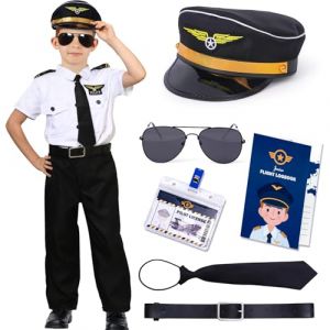 G.C D&eacute;guisement Pilote Avion Enfant Costume Carnaval Garcon avec Capitaine Uniforme Cravate Lunettes de Soleil Casquette Ceinture Deguisement Enfant Pour Halloween No&euml;l et Cosplay (140, 9-10 Ans) (G.C EU, neuf)