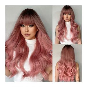 Perruque Femme Perruques Gris Rose avec Frange, 26" de Long Ondulé Ombre Rose Perruques avec Racine Foncé for Femme, Perruques de Cheveux Synthétiques Résistant à la Chaleur for Quotidien/Cosplay/Fête (gaogaogongsi, neuf)