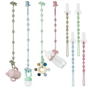 PandaEar Lot de 8 Sangles pour Jouets de Bébé et Attaches-Tétines en Silicone, Sangles Harnais pour Tétine et Anneau de Dentition en Silicone Dinosaure, Clips Porte-Tétine pour Garçons et Filles (PandaEar, neuf)
