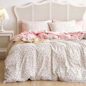 Freyamy Housse de Couette Fleurie 200x200+2 Taie d'oreiller 65x65cm Beige Kaki Vert Feuilles Floral Parure de lit 2 Personnes Adulte Sets de Housse Couette en Microfibre avec Fermeture Éclair (Mitchell'SZ, neuf)