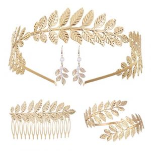VIDSTW 5 Pièces Déesse Grecque Costume Parures pour Femme Inclure Boucles D'oreilles Bracelets Bandeaux Peignes à Cheveux Deguisement Deesse Grecque Femme Couronne Laurier Parure Bijoux Femme (A) (BAIYIKEJI, neuf)