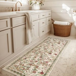 TOPICK Tapis de couloir &agrave; fleurs lavable, tapis de cuisine &agrave; poils courts, style vintage, rouge-vert, romantique, tapis 60 x 210 cm, antibact&eacute;rien, pliable, antid&eacute;rapant, tapis fin pour ponts, chambre (Audrey Home Fashion, neuf)