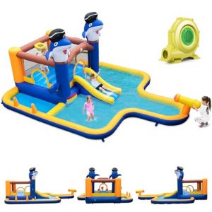 GOPLUS 7 en 1 Château Gonflable Enfants Aquatique avec Piscine, Toboggan, Jeu de Boxe, Canon à Eau, Trampoline, Piscine, Parc Aquatique pour 3-10 Ans Charge 45+45KG(avec Souffleur 680W) (Augenstern24, neuf)