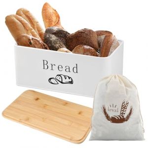 Samlonge Bo&icirc;te &agrave; Pain, Boite a Pain avec Sac en Lin, 2 en 1 Boite a Pain avec Couvercle en Bambou Pouvant Servir de Planche &agrave; D&eacute;couper, pour Pain, Pain Grill&eacute;, pour Longue Fra&icirc;cheur (Blanc) (TOMS1990, neuf)