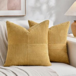 Fancy Homi Lot de 2 housses de coussin d&eacute;coratives en velours c&ocirc;tel&eacute; doux et textur&eacute; pour salon, canap&eacute;, lit, d&eacute;coration d'int&eacute;rieur de style rustique boh&egrave;me, 45 x 45 cm, jaune moutarde, 45 x 45 cm (wishfinemart, neuf)
