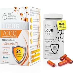 Curcuma Gélules avec Vitamine D3 – 185x Meilleure Absorption – Curcumine Micellaire Hautement Dosée – 1 Gélule par Jour – Équivalent à 6 600 mg de Curcuma – Licur 7000 + Vitamin D (Pack Mensuel) (Bio Medical Pharma, neuf)