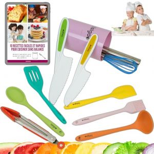 Ustensile Cuisine Enfant - Set accessoires cuisine enfant montessori comprenant Couteau enfant, Rouleau à Pâtisserie, Maryse, Spatule, Cuillère, Fouet, Pinceau, Louche, Pince, Pot à ustensiles (Lisigoo, neuf)