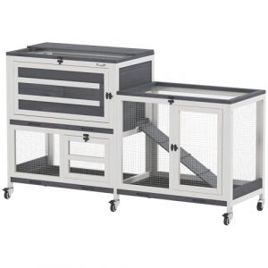 PawHut Clapier à Lapins intérieur à 2 Niveaux avec roulettes, 2 Plateaux ouvrants, 3 bacs en Plastique, Cage Lapin en Bois pour 2 à 3 Lapins, cochons d'Inde, 147 x 45 x 89,5 cm, Gris (Aosom FR, neuf)