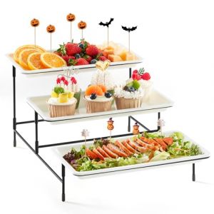 Lifewit Plateau de Service avec 3 Plats, Plateau Repas, Grand Plateau Plastique Rectangulaire 30×17cm, Presentoir Aperitif Buffet, Présentoir à Gâteaux, Panier Fruits, Support en Métal Noir (Lifewit Home FR, neuf)