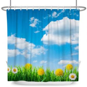MIRRORANG Rideau de douche 183x213cm Jardin de Printemps Champs de Fleurs &Eacute;panouies Ciel Bleu Nuages Blancs Marguerites Rideau de Douche pour Salle de Bain Tissu Polyester Imperm&eacute;able Ensemble avec (MIRRORANG Shop EU, neuf)