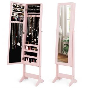 COSTWAY Armoire à Bijoux sur Pied avec Miroir Psyché Coffre à Bijoux, Armoire de Rangement Cosmétiques, 3 Positions Réglables, Installation Facile, Style Nordique (Rose) (FDS GmbH, neuf)