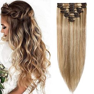 SEGO Extension Clips Cheveux Naturels Blond - Extension Cheveux Humains Extension Clips Blond [Basique Epaisseur] - Extension Cheveux a Clip Naturel Pas Cher 35 CM 12P613#Brun Dor&eacute; & Blond Blanchi (Lenka Fashion Mode, neuf)