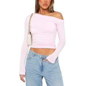Loalirando T-Shirt Femme Moulant Couleur Uni Crop-Top Sexy Chic Une Epaule D&eacute;nud&eacute;e Casual Clubbing Party, Rose C, S (Biu-clothing, neuf)