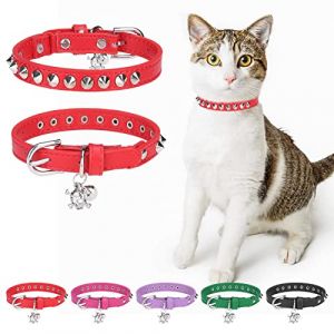 DILLYBUD Collier en cuir pour chat garçon et fille avec clochette et ceinture élastique de sécurité, rivets personnalisés réglables avec breloque tête de mort pour petits animaux de compagnie, rouge (bei zhi ke ji you xian gong si, neuf)