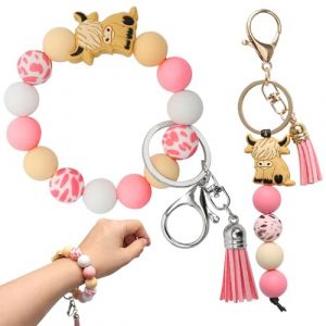 2 Pi&egrave;ces Porte Cl&eacute; Vache Cadeau, Bracelet Clef Voiture, Porte Clef Perles Silicone pour D&eacute;coration, Femme, Filles (Rose) (DGMAIXIN, neuf)