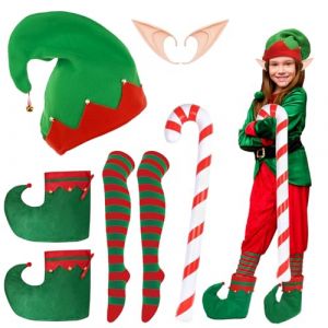 Landifor 5Pcs Costume d'Elfe de Noël pour Enfants Costume d'Elfe de Noël-Inflatable Candy Canes Chapeau d'Elfe Vert Chaussures d'Elfe Chaussettes d'Elfe Oreilles d'Elfe-Pour Fête Cosplay Accessoire (TSBN 59 LTD, neuf)