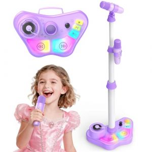 Dislocati Microphone sur Pied pour Enfants 3+ Ans, Double Micro avec Lumi&egrave;re LED Color&eacute;e, Hauteur R&eacute;glable 47-108 cm, Bluetooth/TF/USB/AUX, Cadeaux Noel, pour Filles et Gar&ccedil;ons (Violet) (L'Univers Jeux, neuf)