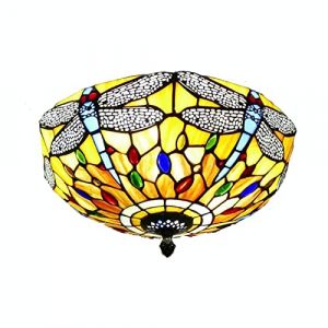 Plafonnier Tiffany pastoral &agrave; 2 lumi&egrave;res de 12 pouces, lampe de plafond en verre teint&eacute; style libellule antique pour l'&icirc;lot de cuisine, le couloir, la salle &agrave; manger et la chambre &agrave; coucher. ,Rouge (luqiqiang, neuf)
