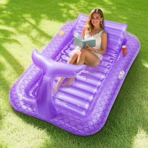 MoKo Bouée Gonflable à Queue de Sirène pour Adultes en PVC, 182 x 120cm Matelas de Piscine Gonflable avec Oreiller & Porte-Gobelets, Chaise de Piscine Longue pour Parc Aquatique Plage, Pourpre (KnoWhite, neuf)