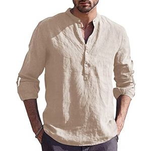 YAOBAOLE Chemise Homme Manche Longue Eté Homme Coton Lin Chemise Col Mao en Lin Pur Col Mao Kaki XL (YBLfashion, neuf)