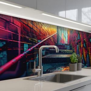 KitchenYeah© Credence Cuisine Adhesive 80x150 cm Protege Mur Revetement Mural Adhesif Parement Interieur À Coller Plaque Plastique Rigide Architecture - Néon - Escaliers - Graffiti (KitchenYeah, neuf)