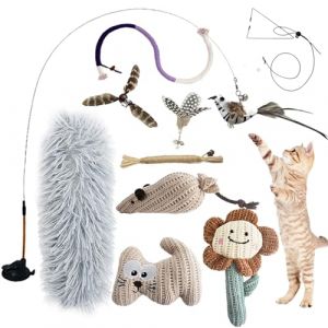 CUUOOT 7-en-1 Jouet Chat Interactif, Ventouse Collante Lavable, Jeu pour Chat Oiseau Qui Bouge Interieur, Jouets Suspendus pour Chats, B&acirc;tonnets Herbe &agrave; Chat et Corde &agrave; M&acirc;cher, Oreiller en Peluche (CUUOOT-DIRECT, neuf)