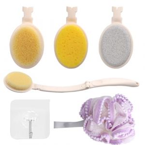 VOSSOT 3-en-1 Brosse Dos Douche avec Manche Long, avec &Eacute;ponge Douche et Crochet Mural, Brosse pour le Dos Pliable &agrave; T&ecirc;tes Interchangeables, Applicateur Cr&egrave;me Dos et Pieds, Brosse Dos Soin du Corps Set (kaitianhongdianzi, neuf)