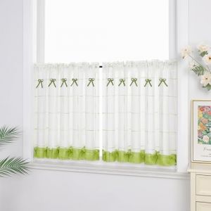 Yujiao Mao Rideau Brise-bise en Coton M&eacute;lang&eacute; avec Embrasses et N&oelig;ud Papillon Vert &agrave; Carreaux, Style Champ&ecirc;tre Id&eacute;al pour Salon Chambre Cuisine Vert LxH 200x80cm (YujiaoMao Store, neuf)