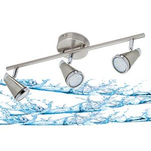 Trango Lampe de salle de bain 1009-23 à 3-flammes IP44 *WET* plafonnier de salle de bain - nickel mat lampe de couloir, lampe de toilette, spot de plafond avec 3x 5W GU10 spots d'ampoule LED pivotants (Trango-Brilon, neuf)