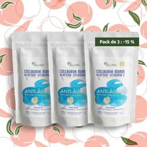 Pack 3 Collagènes marins en poudre goût pêche, type 1-3, Elastine & Vitamine C | Anti-âge & anti rides | 450g | Cure 1 mois | Fabriqué en France | Valebio (Valebio, neuf)