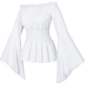 Chemisier gothique de la Renaissance pour femmes &agrave; manches &eacute;vas&eacute;es avec volants et &eacute;paules d&eacute;nud&eacute;es &ndash; Haut corset m&eacute;di&eacute;val victorien pour costumade &ndash; Chemise de pirate, blanc (Miuiakoal, neuf)