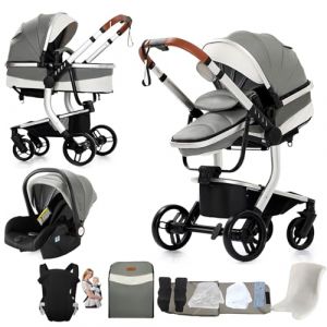 Nine point nine Cuir PU Poussette 3 en 1, Poussette Bebe avec Double Modes de Poussée Réversibles, Poussette Canne avec Grande Nacelle Confortable, Pousettes Cadre Aluminium Haute Paysage (L518 Grey) (Kaiwen baby products, neuf)