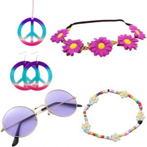 5 Pi&egrave;ces Accessoires Hippie Deguisement Hippie Lunettes hippie collier boucles d'oreilles et bracelet signe de paix pour une soir&eacute;e musicale ann&eacute;es 60/70(A) (ANETTEE GLOBALISS, neuf)
