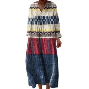 Robe Ete Femme Mi Longue Fluide Coton Chemise Robes Manches Longues Ample Casuel A-Line Imprim&eacute; Fleur Robes Col V Ronde Boh&egrave;me Robe De Soiree Femme Vintage Dress pour F&ecirc;te Travail (Anglekie, neuf)