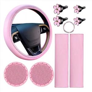 Glorlliant Lot de 10 Housses de Volant en Cuir Rose pour Femme Accessoires de Voiture Mignons avec Ceinture de Sécurité, éPaulières, Porte Gobelets (MiMiao, neuf)