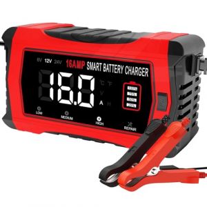 HTRC 16A Chargeur Batterie Voiture 6V 12V 24V, Chargeur de Batterie Intelligent Entièrement Automatique avec LCD pour Batteries Plomb-Acide (AGM, EFB, Gel, Calcium, SLA, VRLA) et Lithium/LiFePO4 (Jiahuizhen, neuf)