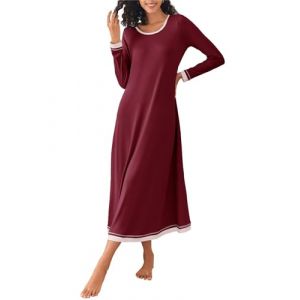 Ekouaer Chemise de Nuit Femme Longue Robe de Nuit en Coton Robe de Chambre Chemise de Nuit d'allaitement V&ecirc;tements de Nuit Manches Longues Chemise de Nuit Longue Femme Vin Rouge S (Ekouaer EU, neuf)