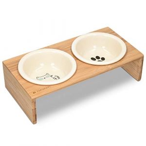 Navaris Gamelle Double Chien ou Chat - Gamelles Céramique avec Support en Bois Design - 2X Bol 360 ML avec Porte-Gamelles pour Croquette Eau Pâtée (KW-Commerce, neuf)