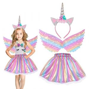 Hifot Deguisement Princesse Enfant Licorne Fille, Jupe Tutu Avec Ailes Bandeau Licorne,Robe Princesse Fille Licorne pour Carnaval Fête Anniversaire Cadeaux (Bpeow eu, neuf)