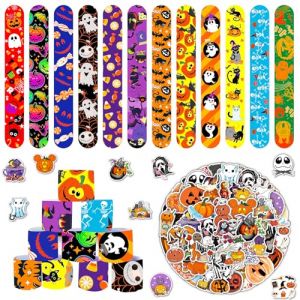 MORAINJAY 36PCS Bracelet &agrave; Claquer Halloween avec 50PCS Autocollants, Bracelets Slap Anniversaire Fille Gar&ccedil;on Invit&eacute;s, Halloween Slap Bracelets pour Remplisseurs et F&ecirc;te d'Halloween (Blast Orb, neuf)