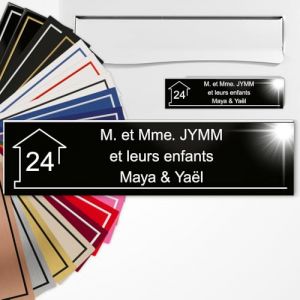 Plaque Boîte aux Lettres Personnalisée 10x2,5 cm adhésive en PVC – Gravure Laser – 22 Couleurs – Avec ou Sans Motif (Noir brillant texte blanc) (Nice Marketing Digital, neuf)