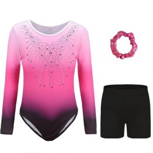 Kiscorpse Justaucorps de Gymnastique pour Filles Trois Pi&egrave;ces Maillots de Gymnastique Gymnastique &agrave; Manches Longues avec Short et Bandeau Ballet Dancewear (Rose-manches longues, 11-12 ans) (ZHENCHI-EU, neuf)