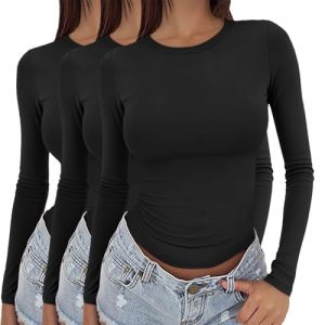 Lot de 3 t-shirts &agrave; manches longues pour femme - En coton - Maillot de corps pour femme - Col rond - Classique - Coupe ajust&eacute;e - Couleur unie - Pull tunique - Sous-v&ecirc;tements thermiques - Haut en (Wen007S, neuf)