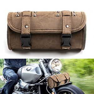 APEBAZY Sacoche de guidon de moto universelle en cuir PU - Sac à fourche à roulettes Sissy Bar - Sac à outils étanche avec boucles à dégagement rapide (Marron) (APEBAZY-EUR, neuf)