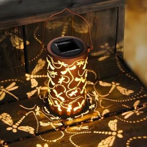 Mateju Paquet de 2 Lanternes Solaires d'Extérieur Jardin Decorative Lampions Solaires d'Extérieur Lanterne Étanche IP44 LED à Suspendre ou à Poser Lampe Solaire (12*20cm,Libellule A) (Meiju, neuf)