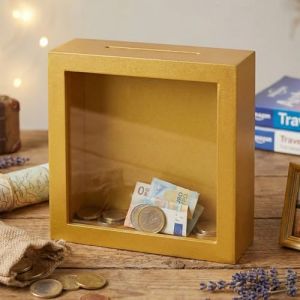 MIJOMA Tirelire en bois avec fa&ccedil;ade en verre &ndash; Cadre d'&eacute;pargne d&eacute;coratif pour les cadeaux d'argent pour mariage, anniversaire, voyage et plus &ndash; bo&icirc;te d'argent cr&eacute;ative (Vide - jaune dor&eacute;, 15 x 15 x 5 (MIJOMA, neuf)