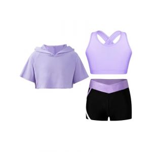 YEAHDOR Enfant Fille Ensemble Sport Justaucorps de Patinage Manches Courtes Sweat &agrave; Capuche + Brassi&egrave;re Sport + Short Gymnastique Fitness Running Sportswear 5-16 ans Une lavande 11-12 ans (YEAHDOR EU, neuf)