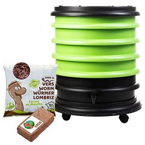 WORMbox | Lombricomposteur 4 Plateaux Vert Anis + 500gr de vers de Compost + 1 Bloc Coco | 64 litres | Compostez Vos d&eacute;chets organiques, Les vers de Terre/lombrics produisent du lombricompost (Ferme du Moutta, neuf)