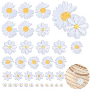VEPEPE 36Pcs Fleur Patch Thermocollant, 6 Tailles P&acirc;querettes &Eacute;cusson Brod&eacute; Thermocollant avec Fil & Aiguilles, Forme de Marguerite Blanche Patch Vetement, pour V&ecirc;tements, Robes, Jeans (LINGCHAO, neuf)